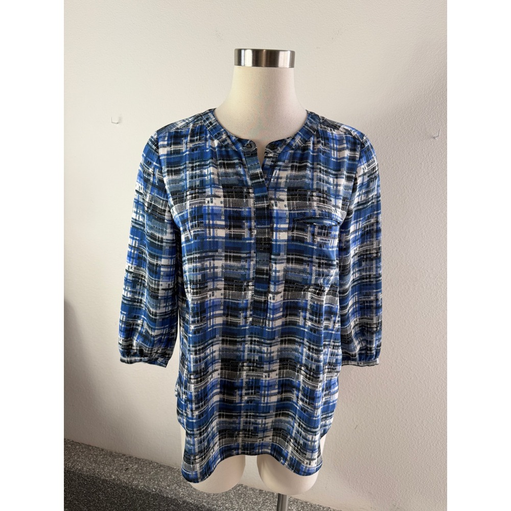 NYDJ Womens Small Petite Blue Black Abstract Geometric Blouse Pleated Back Top